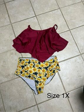 Xhilaration Maroon Flounce Bikini Top with Yellow Sunflower Print Bottoms